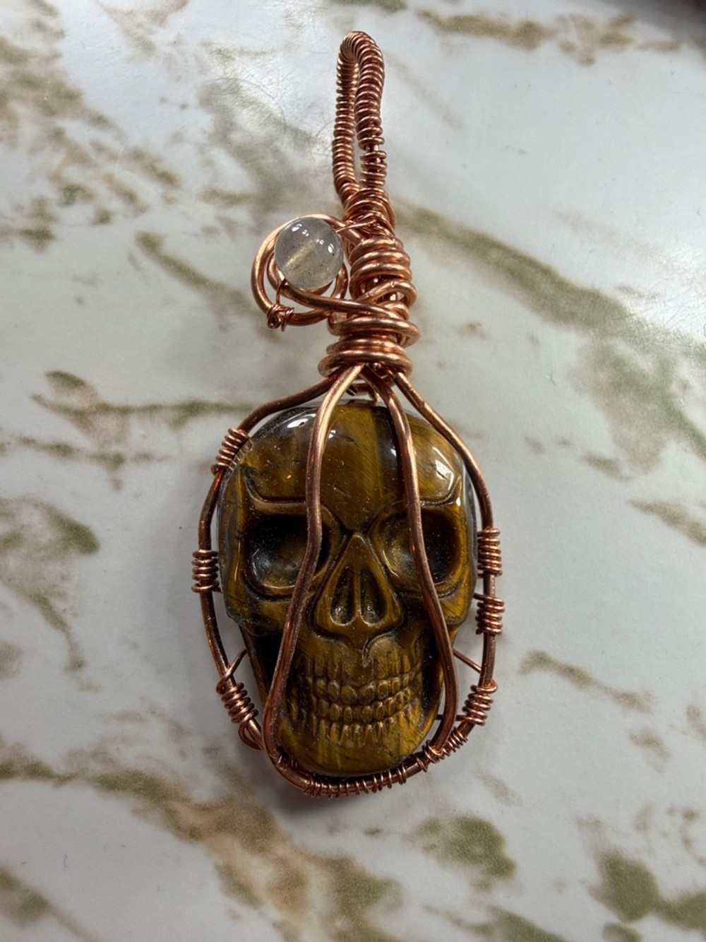 Tiger Eye Skull Pendant Necklace in Copper Wire